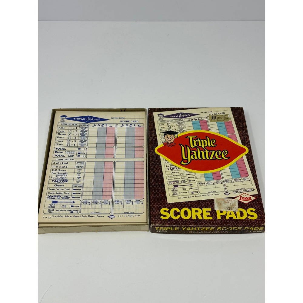 Vintage 1972 Triple Yahtzee Score Pads Lowe in Original Box Contains 90 Sheets